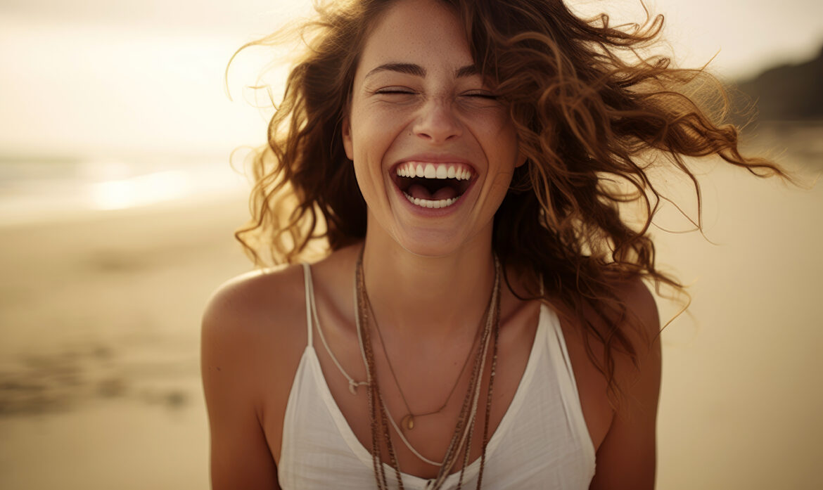 Eine junge Frau mit lockigem Haar, die ein weißes ärmelloses Oberteil und mehrlagige Halsketten trägt, lacht fröhlich an einem sonnigen Strand. Ihr Lachen fängt den Geist der Herstellung von bedeutungsvollem Kontakt ein, während Sand und Meer im Hintergrund verschwimmen.