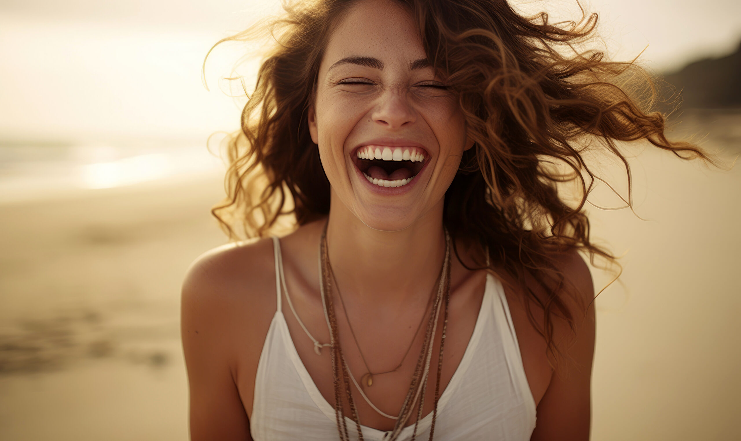 Eine junge Frau mit lockigem Haar, die ein weißes ärmelloses Oberteil und mehrlagige Halsketten trägt, lacht fröhlich an einem sonnigen Strand. Ihr Lachen fängt den Geist der Herstellung von bedeutungsvollem Kontakt ein, während Sand und Meer im Hintergrund verschwimmen.