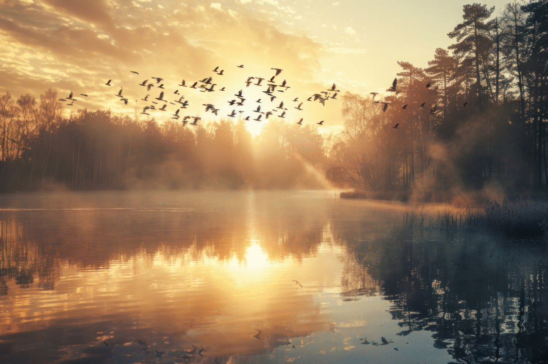 Ein Vogelschwarm fliegt bei Sonnenaufgang über einen nebligen See, das goldene Sonnenlicht scheint durch die Bäume und spiegelt sich im ruhigen Wasser - die Stille der Natur inspiriert so sanft wie eine Lipofilling- oder Brustvergrößerungsbehandlung die Schönheit wiederherstellt.