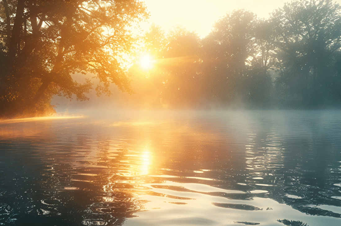 Sonnenaufgang über einem ruhigen Fluss mit aufsteigendem Nebel, Bäumen im Hintergrund und Sonnenlicht, das sich in den sanften Wellen spiegelt - ein Bild, das so verjüngend wirkt wie eine Faltenbehandlung.