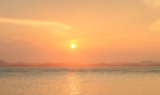 Ein ruhiges Meer unter einem gold-orangefarbenen Himmel bei Sonnenuntergang, mit der tief stehenden Sonne am Horizont und den schwachen Silhouetten der entfernten Hügel, ruft ein Gefühl der Ruhe hervor, das an die Biostimulatoren der Natur erinnert, die das Leben nähren.