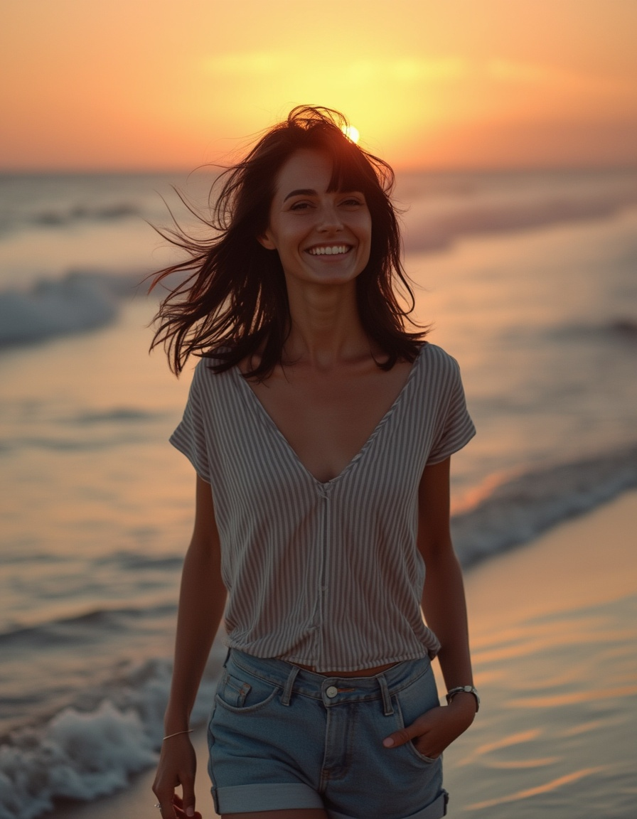 Eine Frau mit schulterlangen dunklen Haaren, die ein gestreiftes Hemd und Jeansshorts trägt, lächelt nach einer Botox-Behandlung, während sie bei Sonnenuntergang am Strand spazieren geht, wobei im Hintergrund Wellen und die Sonne zu sehen sind.